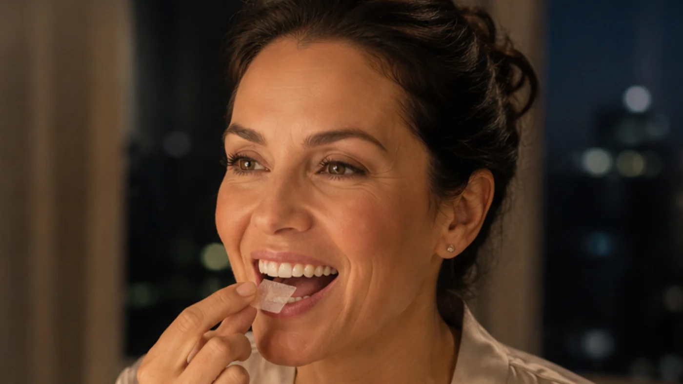 Close-up of a woman placing a PlyaMed oral-dissolving peptide strip in her mouth during an evening routine