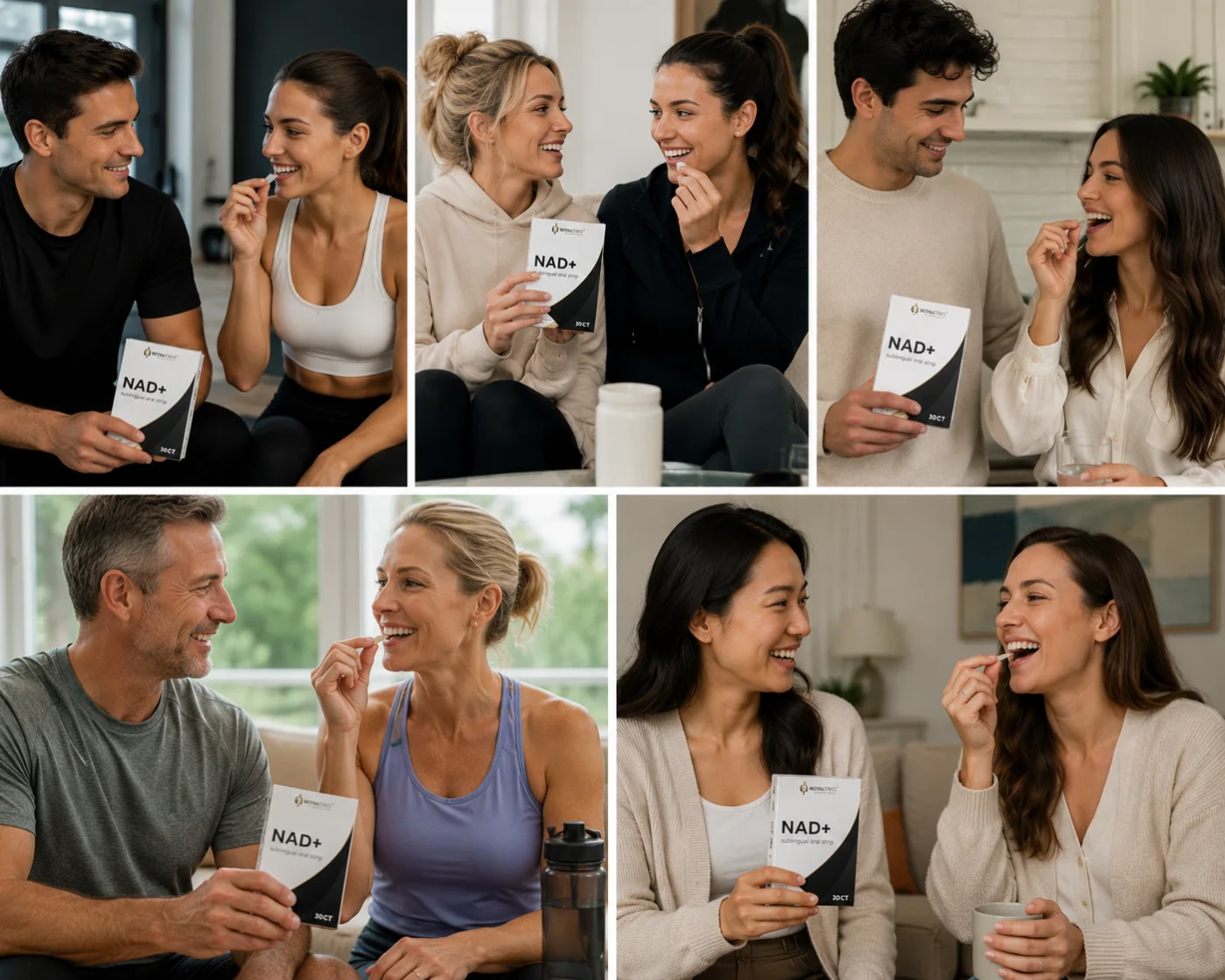 People of a range of ages taking PlyaMed oral strips at home, after training, and with friends